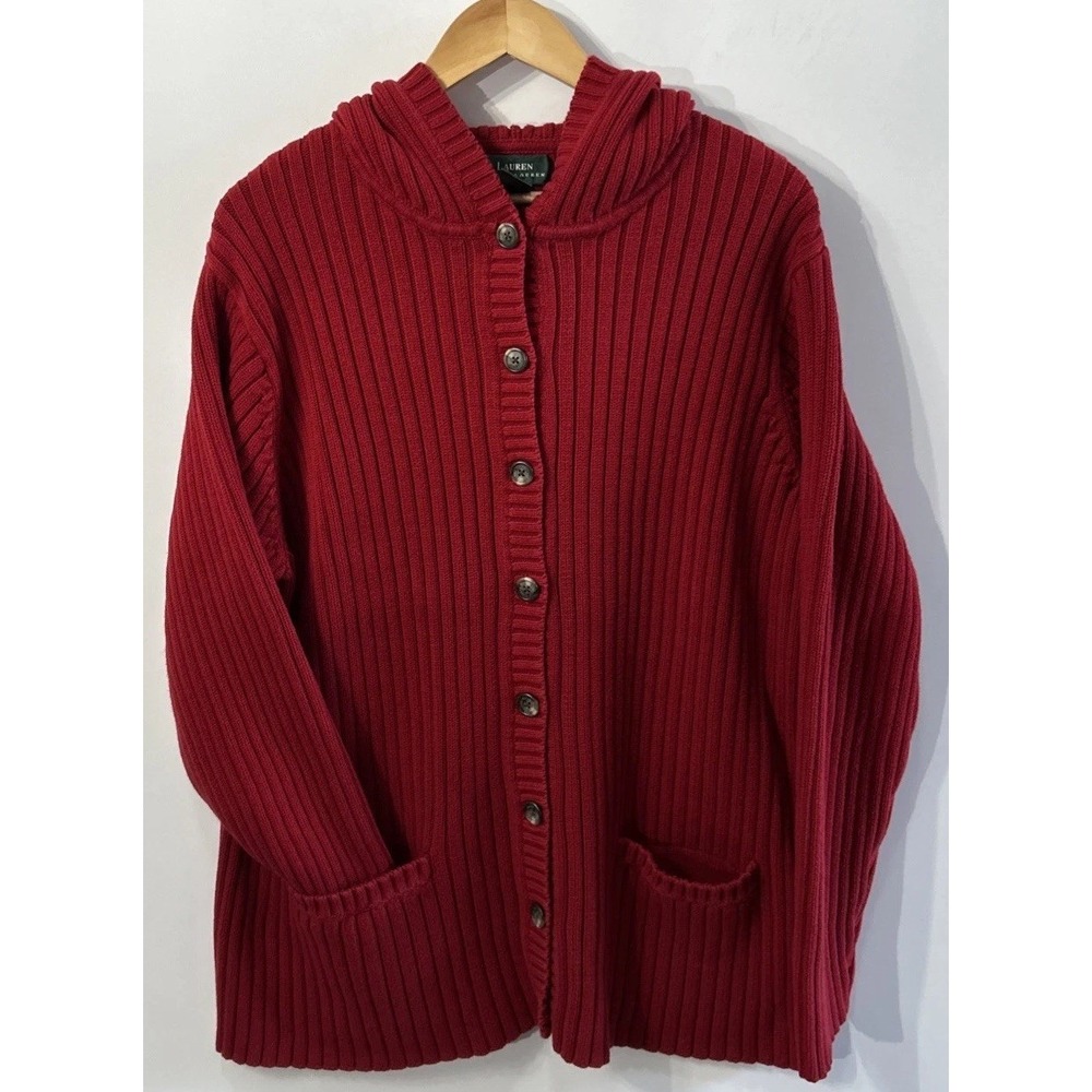 Lauren Ralph Lauren Women's Red Ribbed Cotton Cardigan Hooded Sweater 3x